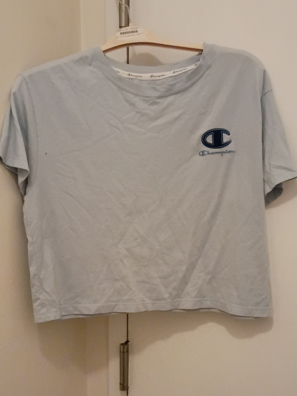 Champion Pale Blue Crop T-Shirt with Navy Logo